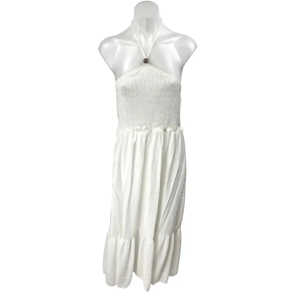 Zara Women's White Sleeveless Smocked Halter Tie Tiered Midi A-line Dress Size L